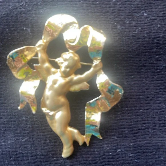 ANGEL with Ribbon Holiday Brooch Gold - Picture 4 of 7